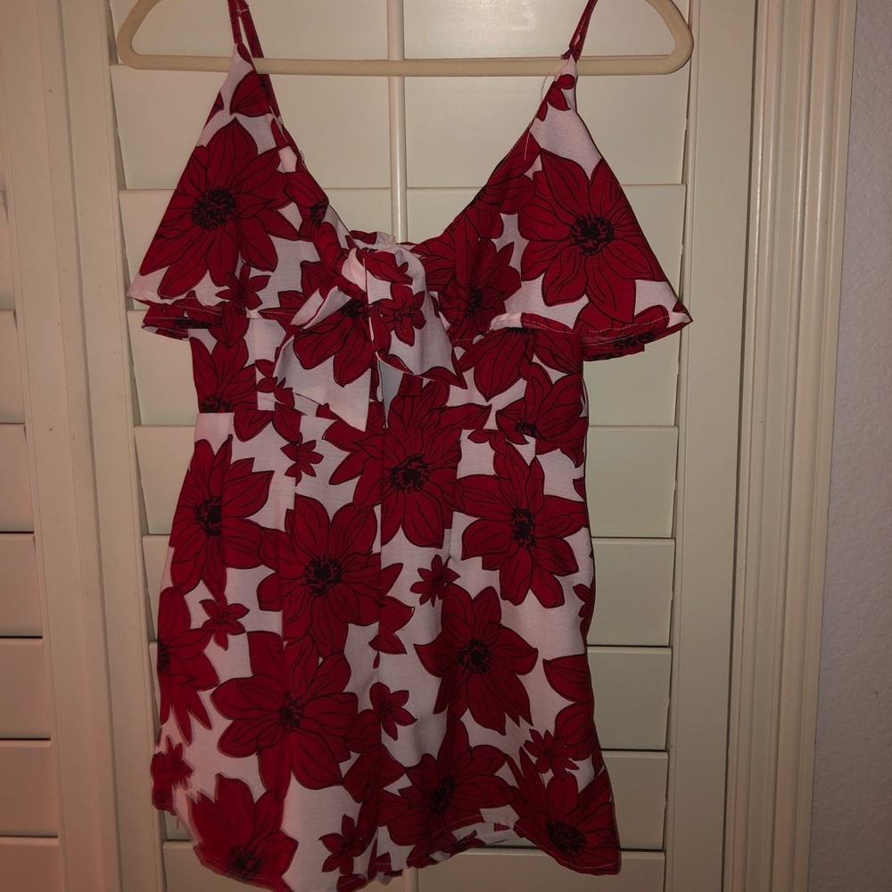 Red and white floral romper
